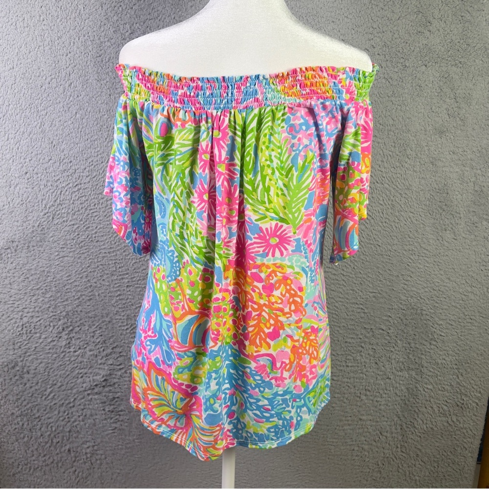 Lilly Pulitzer Off the Shoulder Top Womens XS Lovers Coral Stretch Colorful - Picture 2 of 6